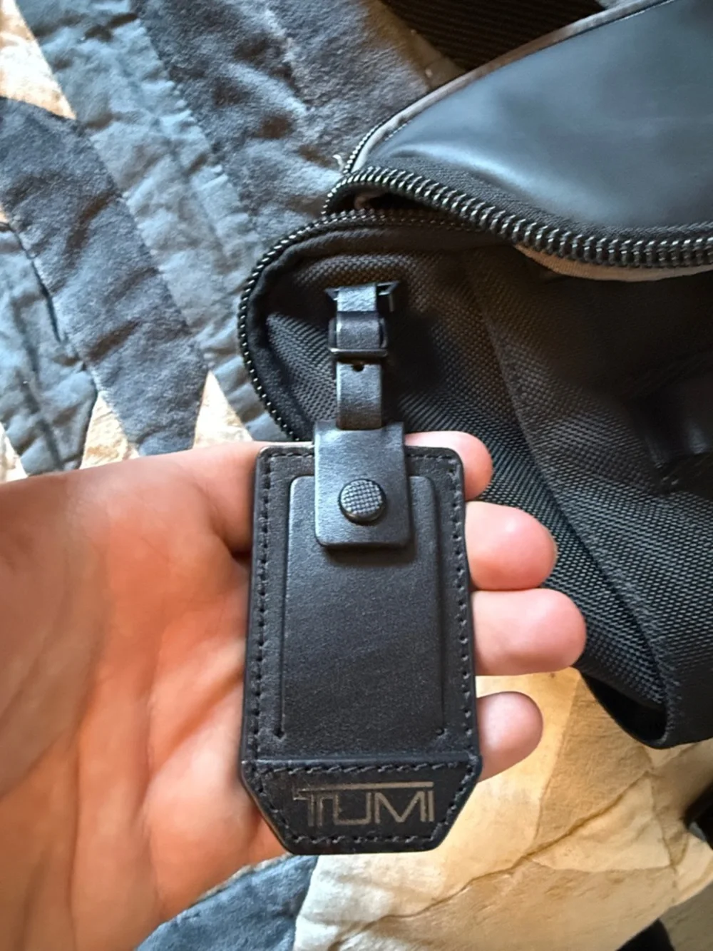 Tumi Black Travel Organizer with Metal and Leather Monogram Plate.